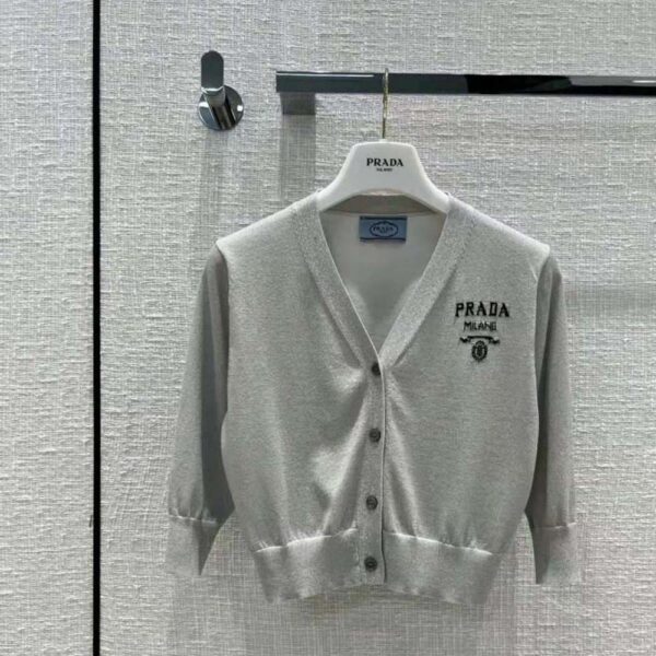 Prada Women Cropped Lurex Cardigan with Intarsia Logo-Silver (2)