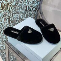 Prada Women Enameled Triangle Logo Accentuates Shearling Sabots (1)