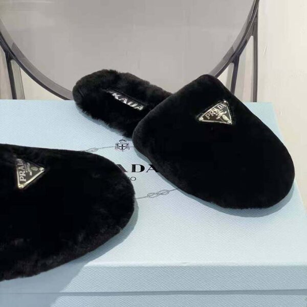 Prada Women Enameled Triangle Logo Accentuates Shearling Sabots (6)