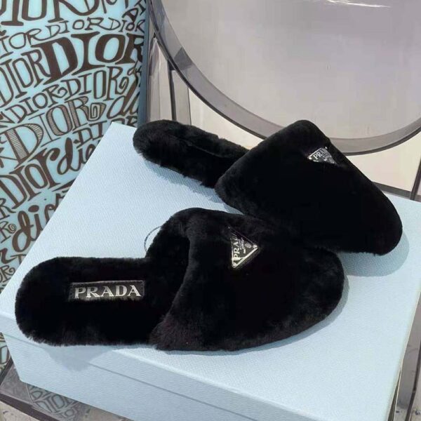 Prada Women Enameled Triangle Logo Accentuates Shearling Sabots (7)