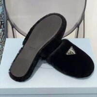 Prada Women Enameled Triangle Logo Accentuates Shearling Sabots (1)