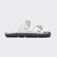 Prada Women Leather Sandals With Metal Buckle on the Upper-Silver (1)