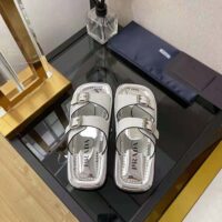 Prada Women Leather Sandals With Metal Buckle on the Upper-Silver (1)