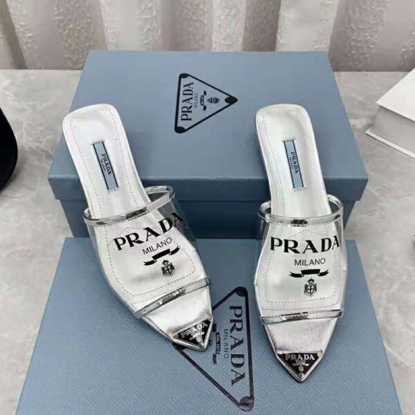 Prada Women Logo-Print Plexiglas Slides-Silver (3)