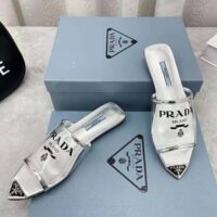 Prada Women Logo-Print Plexiglas Slides-Silver (1)