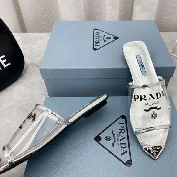 Prada Women Logo-Print Plexiglas Slides-Silver (8)