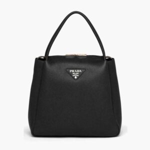 Prada Women Medium Leather Handbag with the Prada Metal Lettering Logo Illuminating Its Center-Black