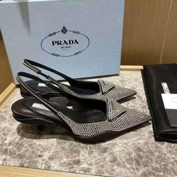 Prada Women Satin Sling-Back Pumps with Crystals-Black (5)