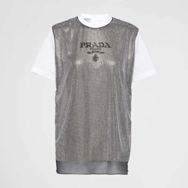 Prada Women Studded Chiffon and Jersey T-shirt-White (1)