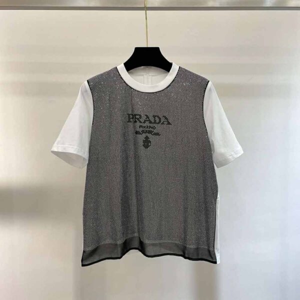 Prada Women Studded Chiffon and Jersey T-shirt-White (2)