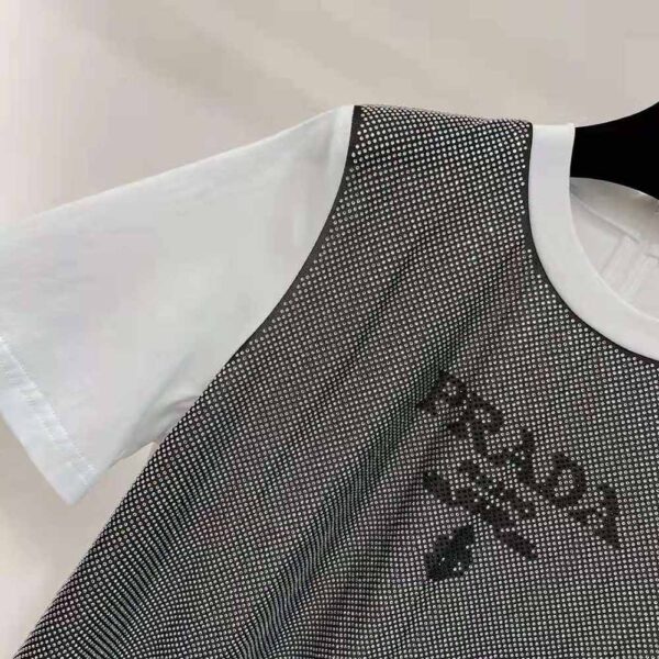 Prada Women Studded Chiffon and Jersey T-shirt-White (9)