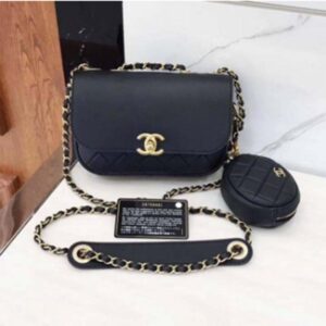 Chanel Women Flap Bag with Pocket Accessories Calfskin Leather-Black