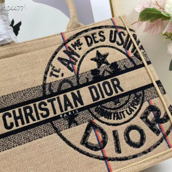 Dior Women CD Medium Book Tote Beige Jute Canvas Embroidered Union Motif (2)