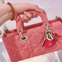 Dior Women Lady D-Joy Bag Bright Pink Cannage Denim (7)