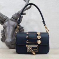 Fendi Women FF Brooch Mini Baguette Fendace Black Leather Bag (1)