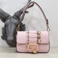 Fendi Women FF Brooch Mini Baguette Fendace Pink Leather Bag (8)