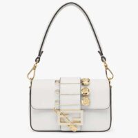 Fendi Women FF Brooch Mini Baguette Fendace White Leather Bag (11)