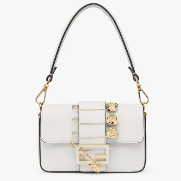 Fendi Women FF Brooch Mini Baguette Fendace White Leather Bag (11)