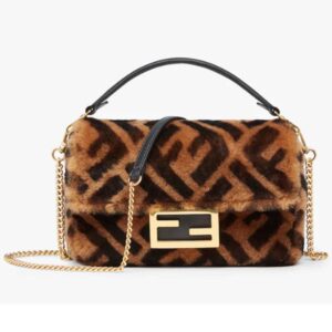 Fendi Women Mini Baguette Brown Sheepskin Sheep Fur Calfskin Bag