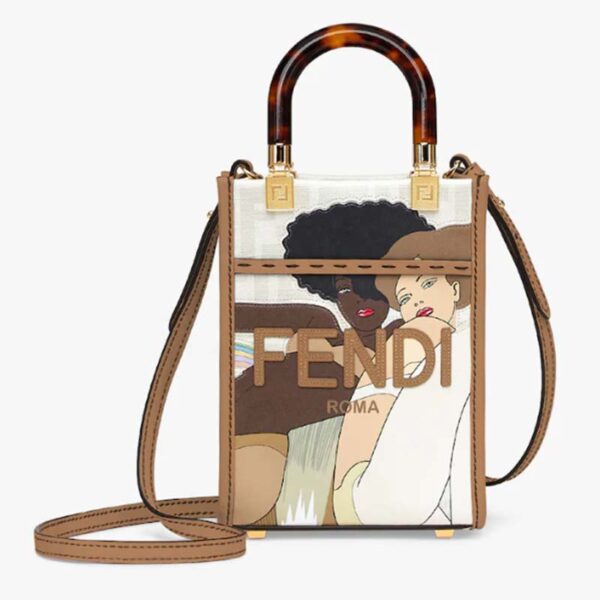 Fendi Women Mini Sunshine Shopper White FF Printed Fabric Mini Bag (8)