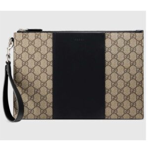 Gucci Unisex GG Supreme Pouch Beige Ebony GG Supreme Canvas Black Leather