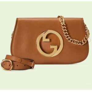 Gucci Women GG Blondie Shoulder Bag Brown Leather Round Interlocking G