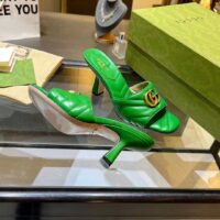 Gucci Women GG Double G Slide Sandal Emerald Green Chevron Matelassé Leather 7.6 cm Heel (8)