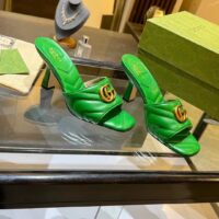 Gucci Women GG Double G Slide Sandal Emerald Green Chevron Matelassé Leather 7.6 cm Heel (8)