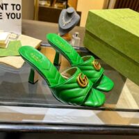 Gucci Women GG Double G Slide Sandal Emerald Green Chevron Matelassé Leather 7.6 cm Heel (8)