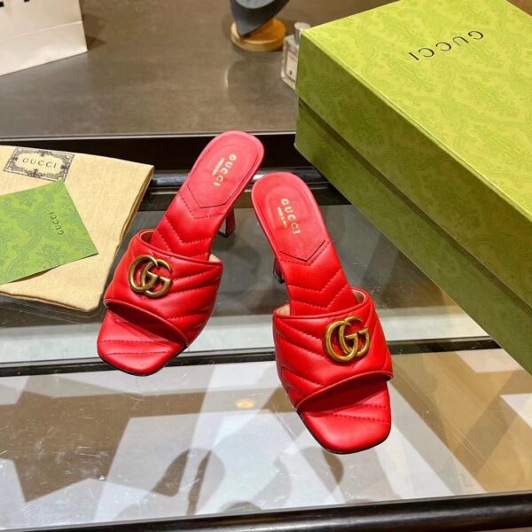 Gucci Women GG Double G Slide Sandal Red Chevron Matelassé Leather 7.6 cm Heel (3)