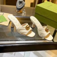 Gucci Women GG Double G Slide Sandal White Chevron Matelassé Leather 7.6 cm Heel (9)