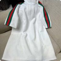 Gucci Women GG Jersey Jacquard Dress White High Neck Polyester Green Red Web (5)