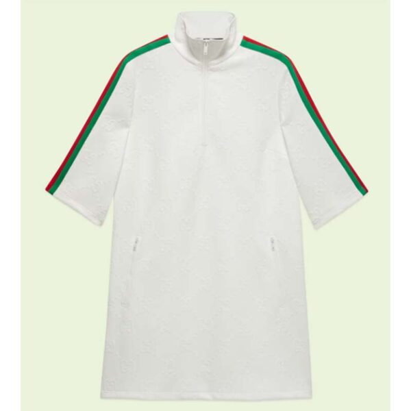 Gucci Women GG Jersey Jacquard Dress White High Neck Polyester Green Red Web (5)