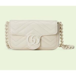 Gucci Women GG Marmont Belt Bag White Chevron Matelassé Leather Double G