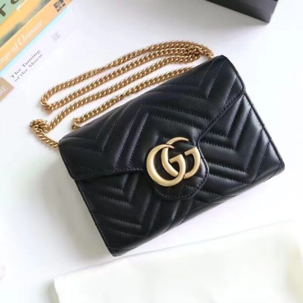 Gucci Women GG Marmont Matelassé Mini Bag Black Chevron Leather Double G (2)