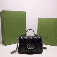 Gucci Women GG Marmont Mini Top Handle Bag Black Matelassé Leather Double G (6)