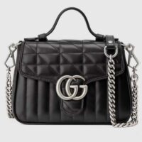 Gucci Women GG Marmont Mini Top Handle Bag Black Matelassé Leather Double G (6)