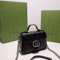 Gucci Women GG Marmont Mini Top Handle Bag Black Matelassé Leather Double G (6)