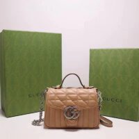 Gucci Women GG Marmont Mini Top Handle Bag Brown Matelassé Leather Double G (9)