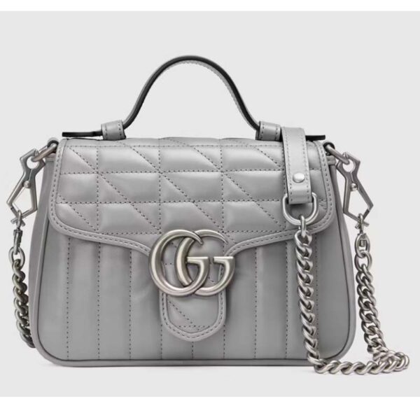 Gucci Women GG Marmont Mini Top Handle Bag Grey Matelassé Leather Double G (4)