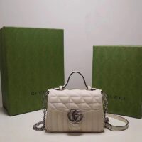 Gucci Women GG Marmont Mini Top Handle Bag White Matelassé Leather Double G (10)