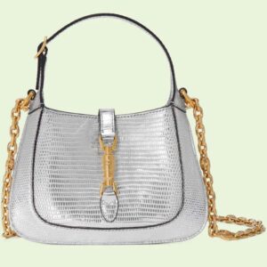 Gucci Women Jackie 1961 Lizard Mini Bag Silver Lamé Lizard