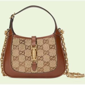 Gucci Women Jackie 1961 Mini GG Shoulder Bag Camel Ebony GG Canvas Crystals