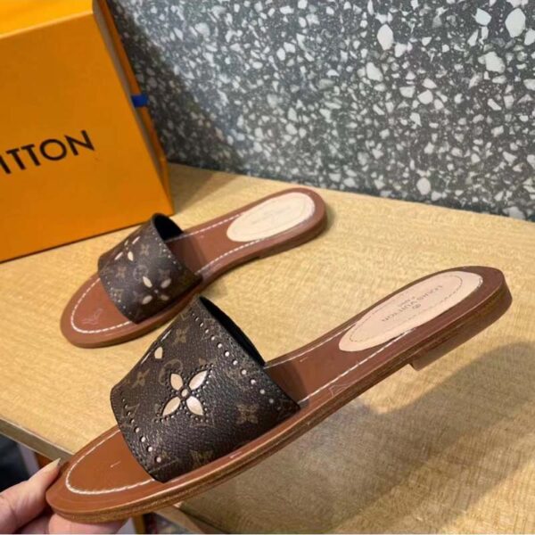 Louis Vuitton LV Women Lock It Flat Mule Gold Brown Perforated Monogram Canvas (12)