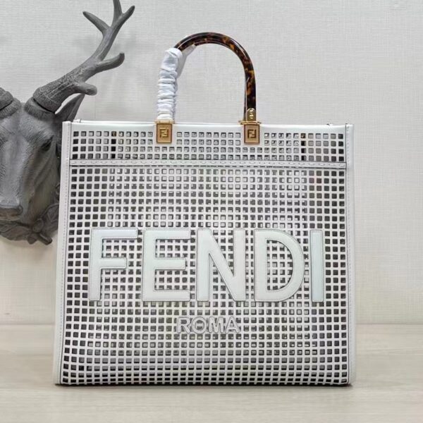 Fendi Women Sunshine Medium White Two-Toned Perforated Leather Shopper (4)