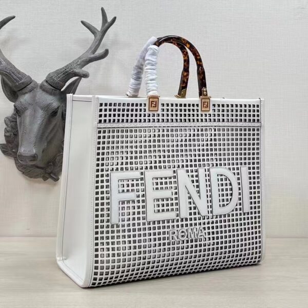 Fendi Women Sunshine Medium White Two-Toned Perforated Leather Shopper (5)