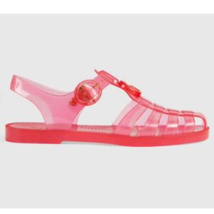 Gucci Unisex GG Sandal Double G Pink Transparent Rubber Sole Ankle Buckle Flat