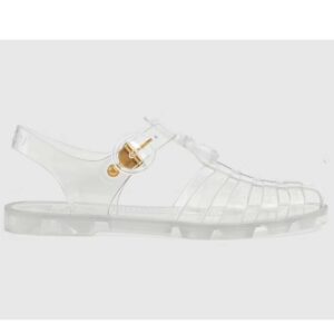 Gucci Unisex GG Sandal Double G Transparent Rubber Sole Ankle Buckle Closure Flat