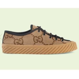 Gucci Unisex Maxi GG Sneaker Camel Ebony Canvas Rubber Sole Flat