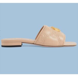 Gucci Women Matelassé Slide Sandal Beige GG Matelassé Leather Square Toe Flat